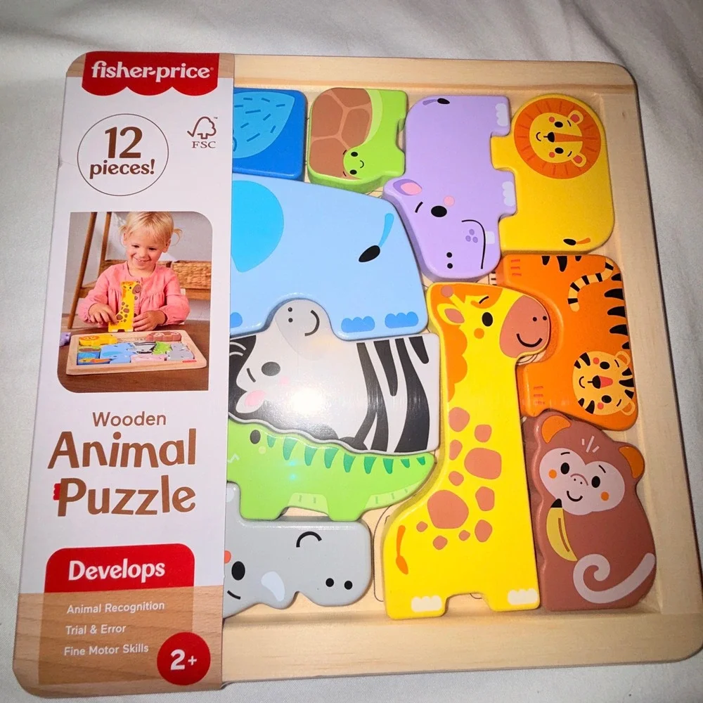 Fisher-Price Wooden Animal Puzzle Kids One Size Multicolor New 12pc JFG10 Jigsaw